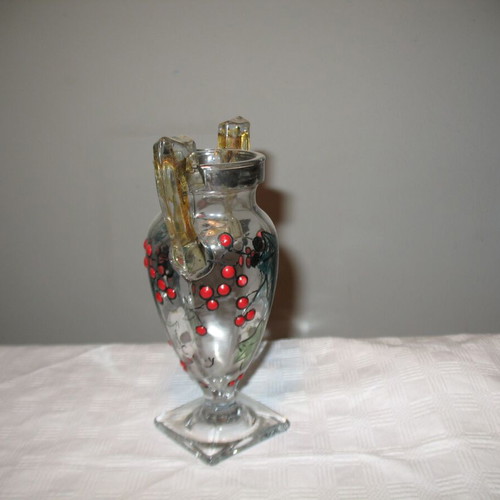 Glass decorated amphora-shaped vase hand-painted like new from the 60's