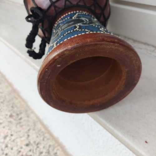 Djembe drum used, traditional carved wood, 30cm height