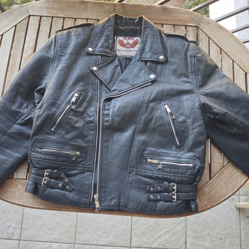 Vintage Akaso Biker Leather Jacket used, size XL, heavyweight black