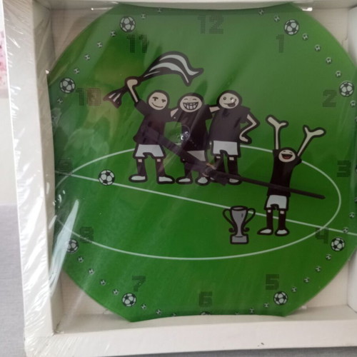 Wall clock with football theme, quartz mechanism, glass/plastic surface