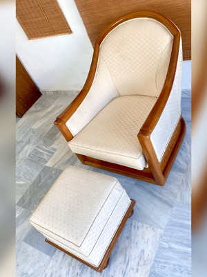 Vintage armchair with stool like new, fabric upholstery and wooden frame