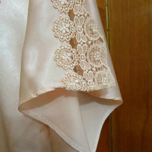 Satin pajamas new, pastel salmon with lace details, small-medium