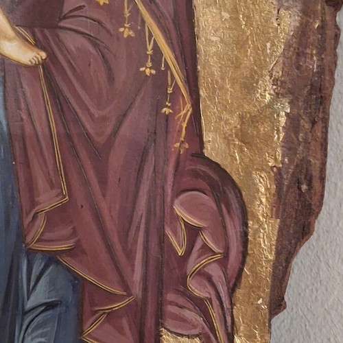 Vintage 1990s Greek Orthodox icon of Panagia with Christ on natural pine wood