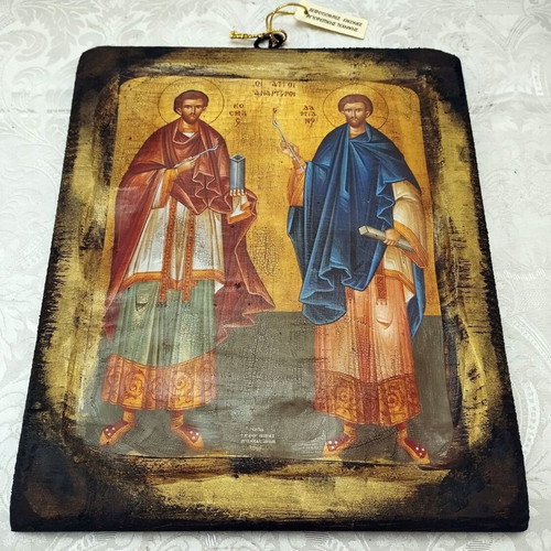 Handmade Orthodox icon of Saints Cosmas and Damian new