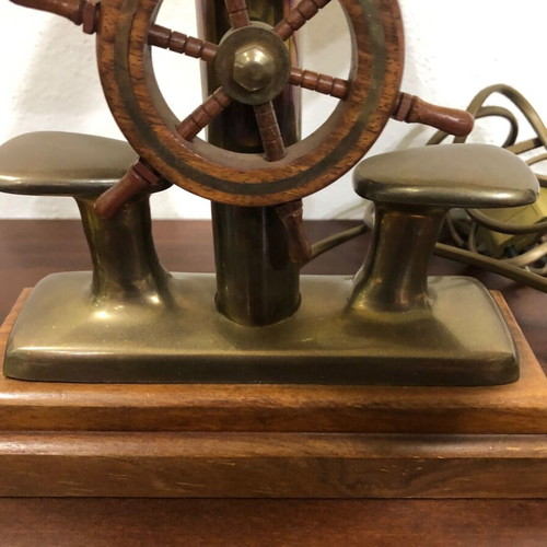 Table lamp new, wood with brass and nautical decorative helm