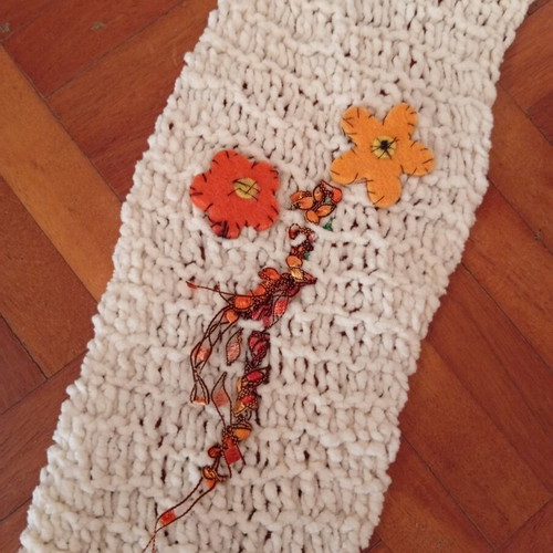 Knitted scarf for girl with handmade embroidery, used