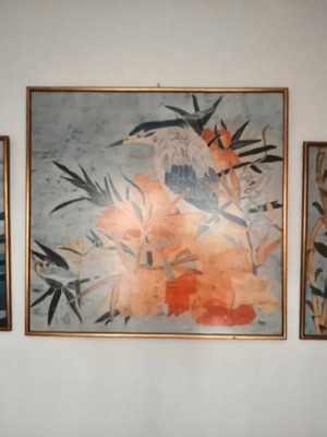 Batik paintings used, silk with wooden frames, set of 3