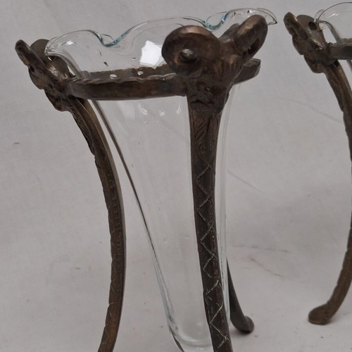 Art Nouveau vases with bronze bases and original blown glass inserts, like new