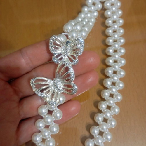 Elastic belt with pearls and metal butterflies, new, adjustable, white