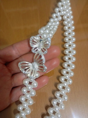 Elastic belt with pearls and metal butterflies, new, adjustable, white