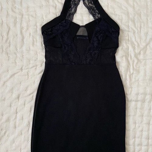 Black Lace Trim High Neck Sheer Top Bodycon Dress Pretty Little Thing like new