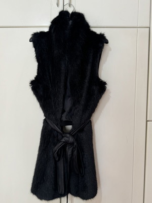 Rinascimento Black Faux Fur Long Belted Gilet Vest, Size S