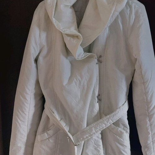 White women's knee-length jacket with hood like new