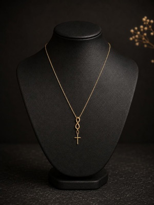 Gold necklace with infinity and cross pendant, like new