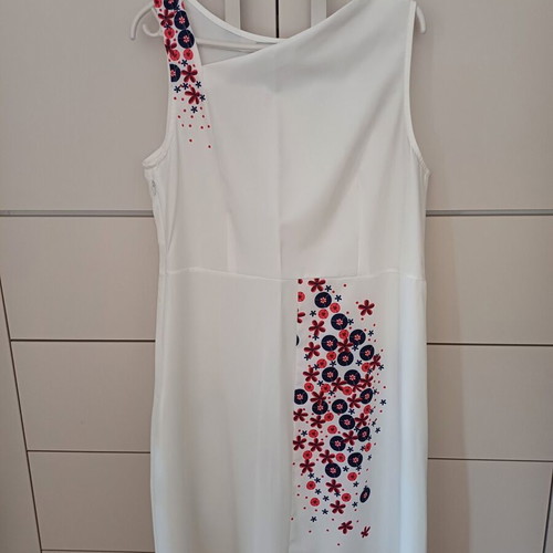 Midi white dress new with subtle design and asymmetric neckline size M