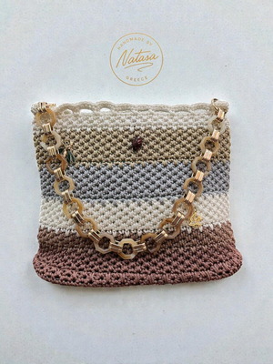 Natasa Handmade Knitted Shoulder Bag in Beige and Gray Colors New