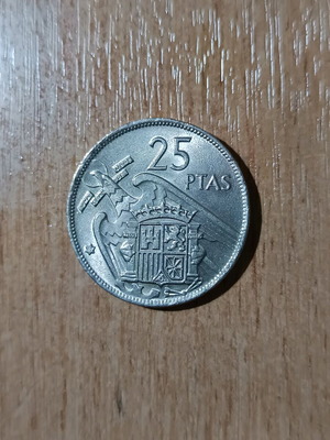 25 Pesetas Coin 1957 with 1969 Star Used, Spain Franco