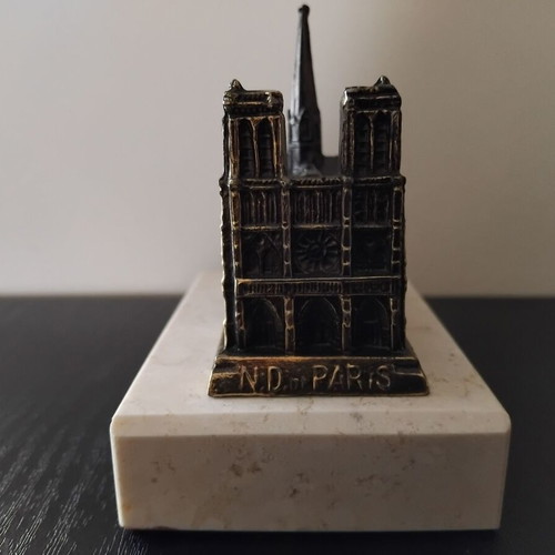 Notre-Dame de Paris vintage souvenir miniature used, metal on marble base