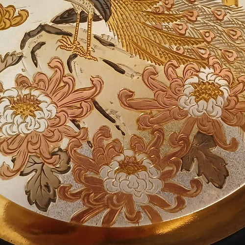 Japanese chokin plate used, peacocks, 26 cm diameter