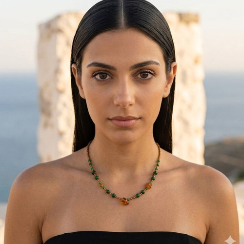 Necklace and bracelet set with amber, nephrite, and hematite new