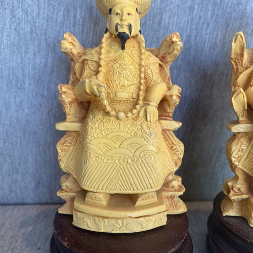 Asian emperor and empress figurines used, polyresin on wooden bases