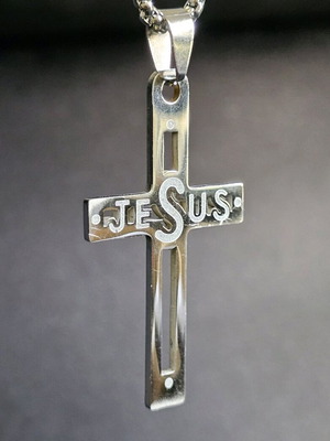 Steel necklace cross Jesus new, silver tone, 50 cm chain length