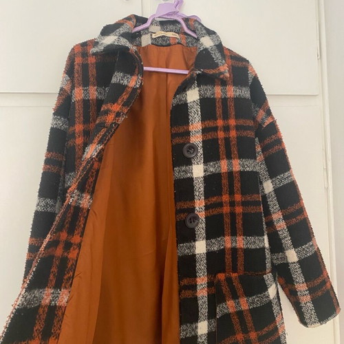Helmi coat used, black and orange checkered, size L
