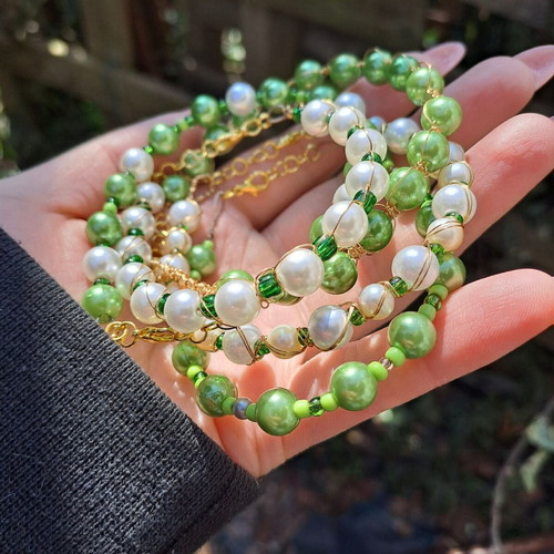 Fairycore bracelet set with green beads and pearls new