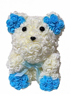 Αρκουδάκι Από Τεχνητά Τριαντάφυλλα Rose Bear Λευκό με Μπλε 30cm