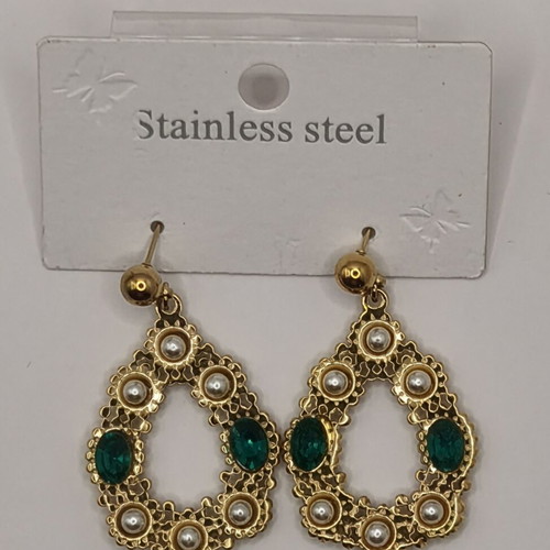 Stainless Steel Tear Drop Earrings with Emerald Crystals and Pearls
