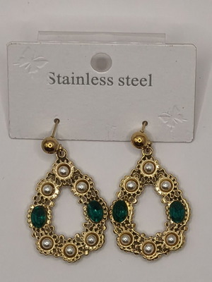 Stainless Steel Tear Drop Earrings with Emerald Crystals and Pearls