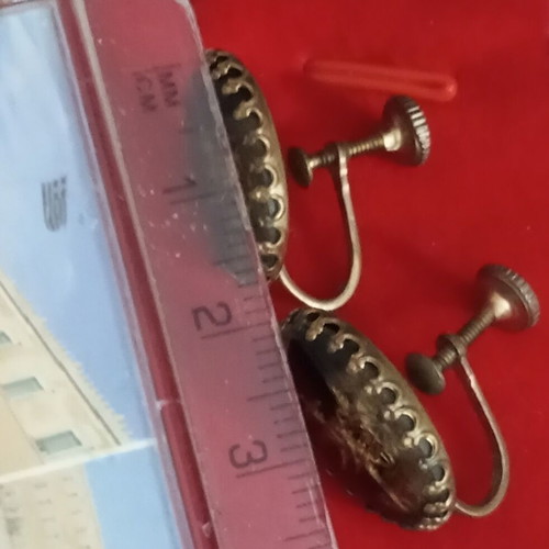 Antique bronze earrings with painted glass, used