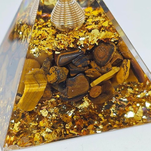Orgonite pyramid with Tiger's Eye and gold leaves like new