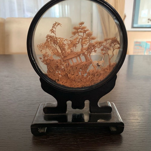 Chinese Microcarving Diorama Used Cork Panel with Wooden Base