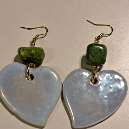 Earrings with ceramic white heart and green nephrite, like new