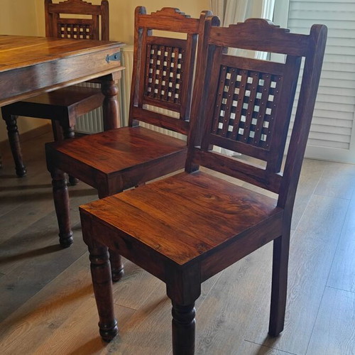 Indian Art Palace dining set, handmade solid wood with metal details