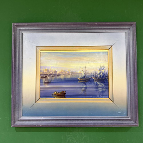 D. Nalbantis oil painting with wooden frame, view of Constantinople