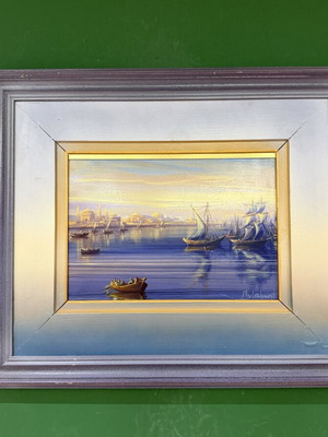 D. Nalbantis oil painting with wooden frame, view of Constantinople