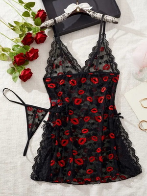 Babydoll Plus Size 5XL with Lace & String, Black/Red