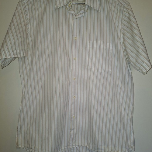 Glou men's short-sleeve shirt size L like new, white with beige, blue and brown stripes