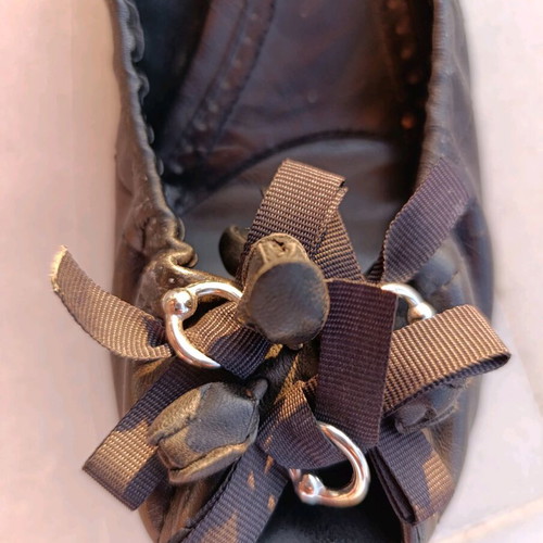 Black Genuine Leather Peep-Toe Ballet Flats - Size 39