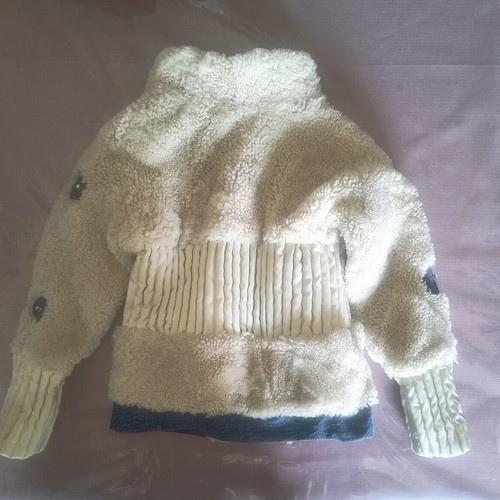Children's mouton fur jacket new, leather and denim, ages 2 to 4, beige