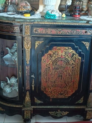 Bayou display cabinet with brass decorations and green Carrara marble, used