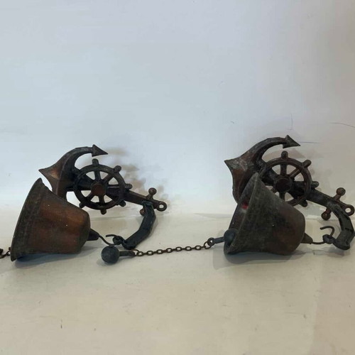 Vintage set of 2 copper wall bells with anchor and ship wheel decoration used