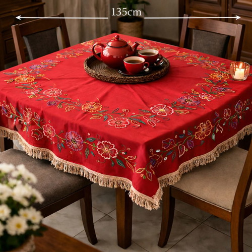 Handmade embroidered tablecloth 135x135 cm with fringes, red floral, used