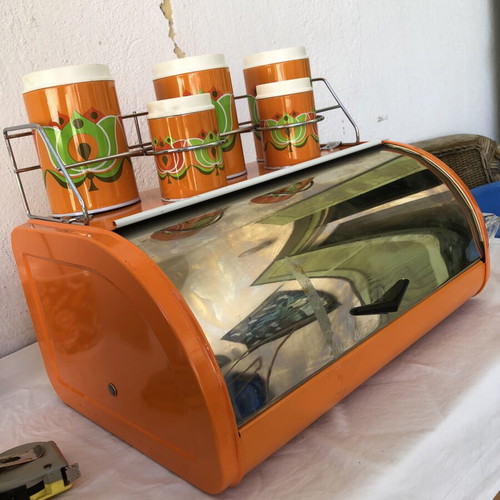 Vintage metal bread box with storage containers