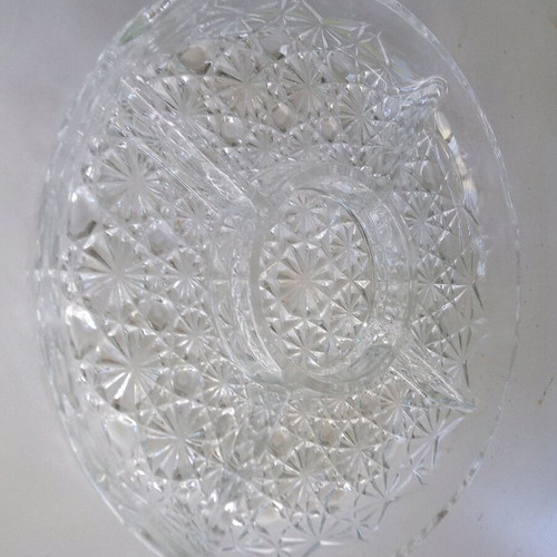 Crystal round serving platter with five sections and intricate embossed design, new