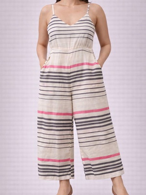 Helmi Women's Striped Jumpsuit / Culottes with Open Back (Size M)