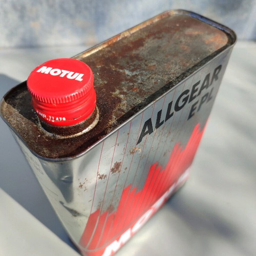 Motul tin oil can used, 80s 90s, with marks and rust