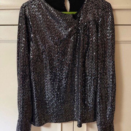 Zara Long-Sleeve Sequin Blouse New, Black with Silver